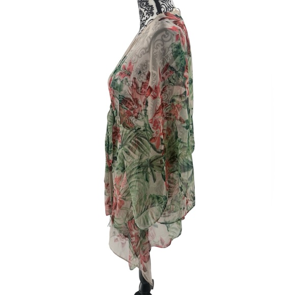 BCBGeneration Sheer Tropical Floral Kimono Wrap Cover-Up Boho Resort Tassel Tie - Picture 3 of 9